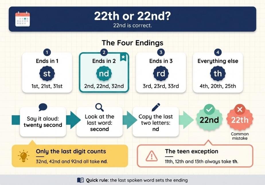 An educational infographic titled "22th or 22nd? 22nd is correct." It features four key cards: "Ends in 1" (with st, e.g., 1st, 21st), "Ends in 2" (with nd, e.g., 2nd, 22nd), "Ends in 3" (with rd, e.g., 3rd, 23rd), and "Everything else" (with th, e.g., 4th, 20th). Below is a flowchart explaining how "22nd" is formed, and a red cross marks "22th" as incorrect. A warning about "The teen exception" (11th, 12th, 13th) is included in the bottom corner.