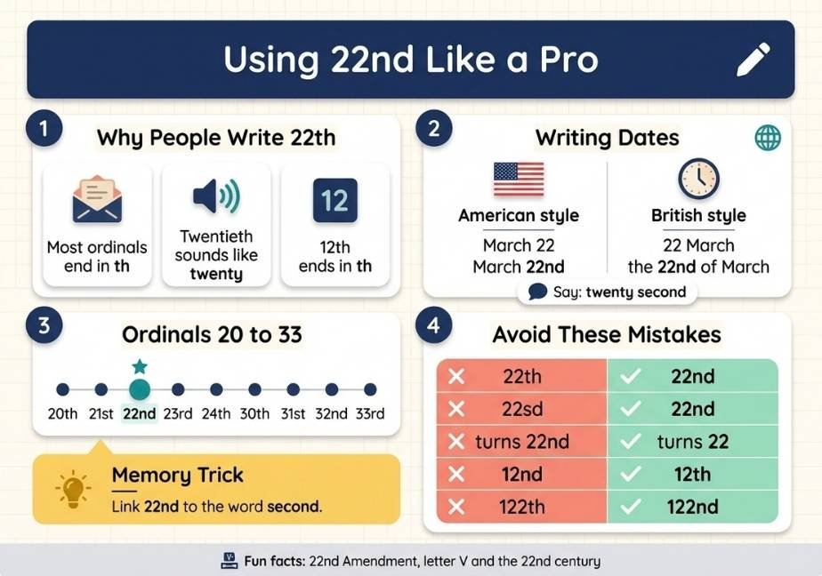 An educational infographic titled "Using 22nd Like a Pro." It is divided into four panels: Panel 1 explains why people write "22th" (due to the majority ending in "th"). Panel 2 compares American (March 22) and British (22 March) date writing styles. Panel 3 features a timeline from 20th to 33rd with "22nd" highlighted. Panel 4 replaces common mistakes (like 22sd, turns 22nd) with their correct forms (22nd, turns 22). A bottom yellow strip highlights a "Memory Trick" and "Fun facts."