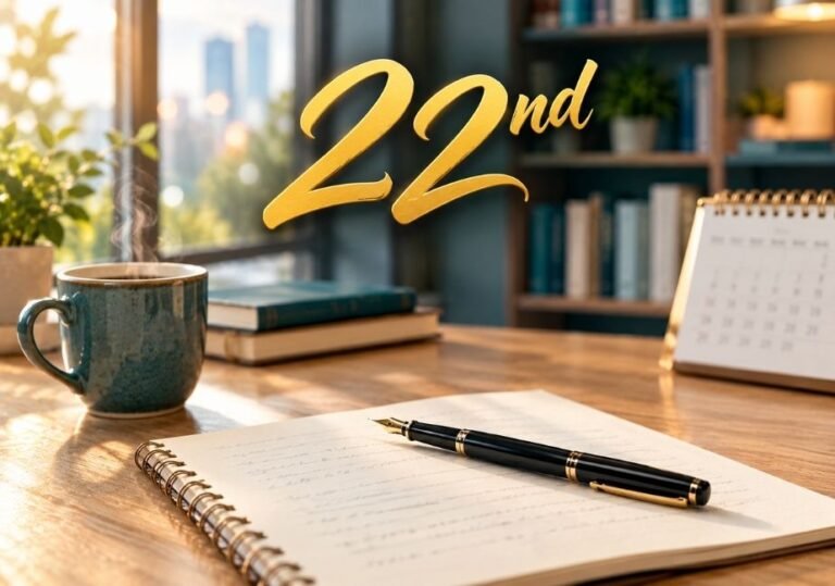 Gold “22nd” calligraphy above a sunlit desk with a notebook, black fountain pen, steaming mug, calendar, and blurred bookshelf.