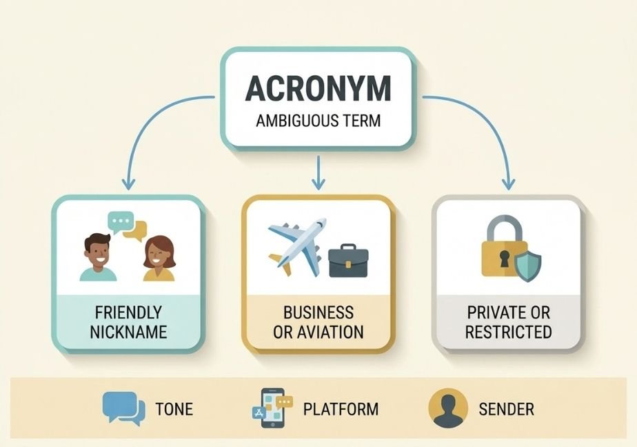Three-panel infographic contrasting three distinct meanings of an internet acronym: affectionate nickname, private aircraft term, and adult context.