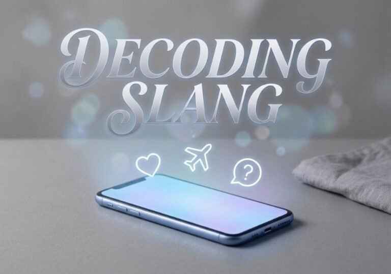Digital illustration of metallic silver calligraphy reading "Decoding Slang" above a glowing smartphone surrounded by minimal line art icons.