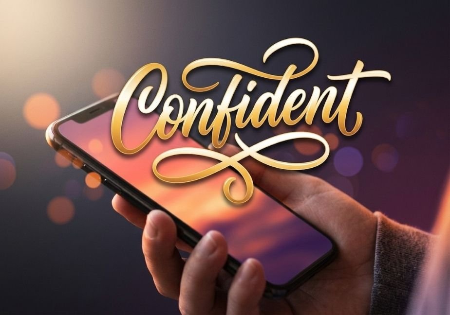 Close-up illustration of a hand holding a smartphone glowing with sunset hues, featuring glossy gold calligraphy reading "Confident" floating above the screen.
