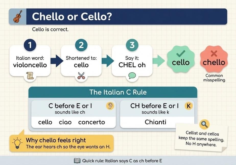 An educational flat design infographic with title "Chello or Cello?" comparing spelling and pronunciation using a three-step flow diagram.