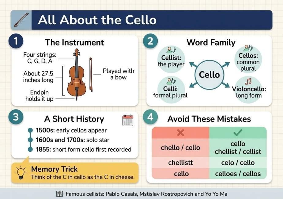 A four-panel flat design infographic with title "All About the Cello" covering instrument parts, word family, history, and common spelling mistakes.