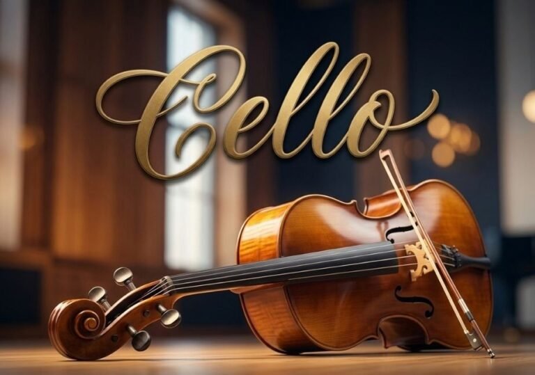 A gold embossed calligraphy title "Cello" is centered above a smartphone showing a chat and a ceramic mug on a gray blanket.