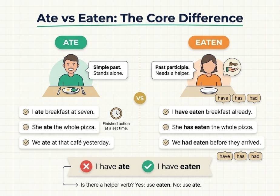 A 2-column educational flat-design infographic comparing "ATE" and "EATEN" on an off-white grid background. The left column highlights "ATE" (simple past, stands alone) with sample sentences and an illustration of a person eating. The right column highlights "EATEN" (past participle, needs a helper verb like have/has/had) with examples and a key-in-hand helper icon. A bottom banner contrasts the incorrect "I have ate" with the correct "I have eaten".