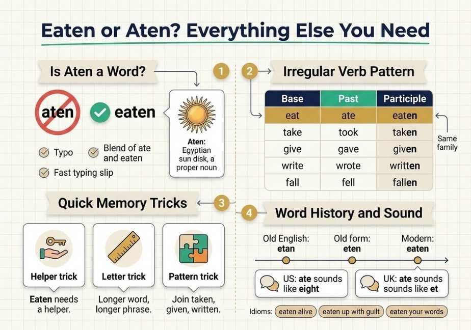 A 4-panel educational flat-design infographic titled "Eaten or Aten? Everything Else You Need". Panel 1 clarifies that "aten" is a typo unless referring to the Egyptian sun disk. Panel 2 displays an irregular verb pattern table highlighting eat/ate/eaten. Panel 3 details three quick memory tricks (helper, letter, and pattern tricks). Panel 4 outlines word history from Old English, US vs. UK pronunciation differences, and common idioms like "eaten alive"