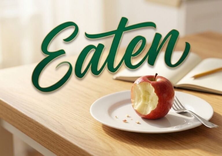 An editorial lifestyle photograph set on a bright wooden kitchen table showing a white ceramic plate with a half-eaten red apple and a silver fork. In the soft-focus background sits an open notebook with a yellow pencil. Centered across the top left is the bold, calligraphic word "Eaten" rendered in deep emerald green script with a subtle gold highlight.