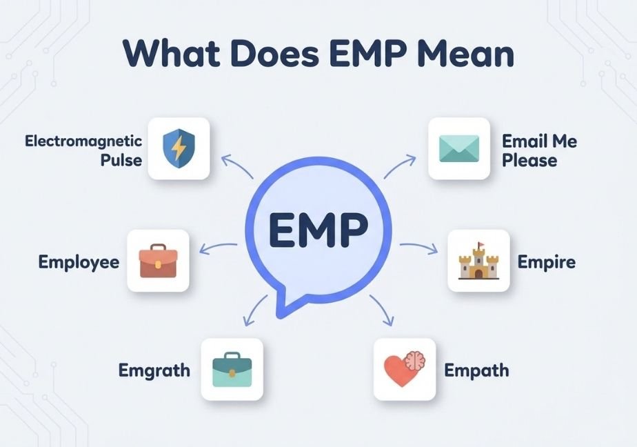 A modern infographic on a light blue background with a faint pattern resembling a circuit board in the top corners. The title at the top reads "What Does EMP Mean". In the center, a blue speech bubble icon contains the letters "EMP". Six curved blue arrows branch outward from this central bubble to six different white square panels, each with an icon and a potential meaning.