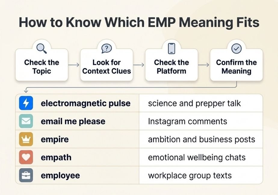 A clear infographic titled "How to Know Which EMP Meaning Fits" on a light background. Below the title, four circular icons in rounded white rectangular boxes are arranged in a horizontal flow, connected by gray arrows: a magnifying glass icon labeled "Check the Topic"; a speech bubble icon with a question mark inside labeled "Look for Context Clues"; a smartphone icon labeled "Check the Platform"; and a checkmark inside a circle labeled "Confirm the Meaning".