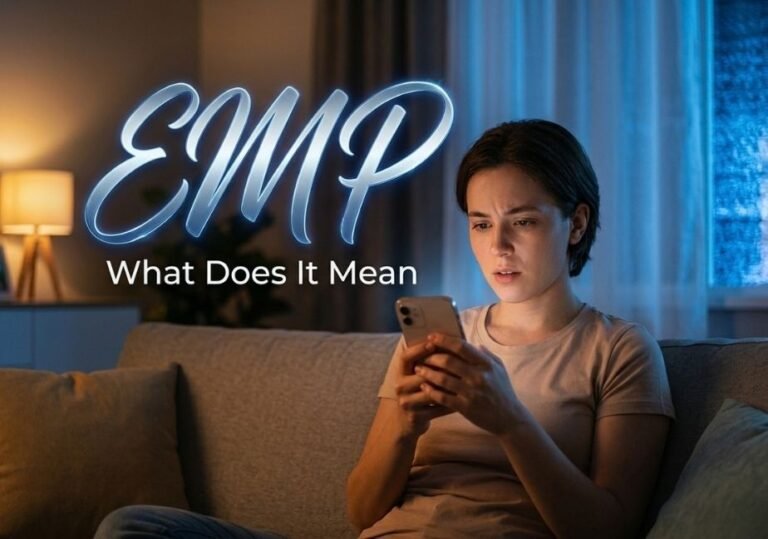A photograph of a young woman sitting on a gray couch in a dimly lit living room, holding a smartphone with both hands. A warm-toned lamp is visible in the background on the left, and a window with curtains is on the right. Large, stylized white text over her head reads "EMP", and below it, smaller text reads "What Does It Mean". The woman has a focused expression as she looks at her phone.