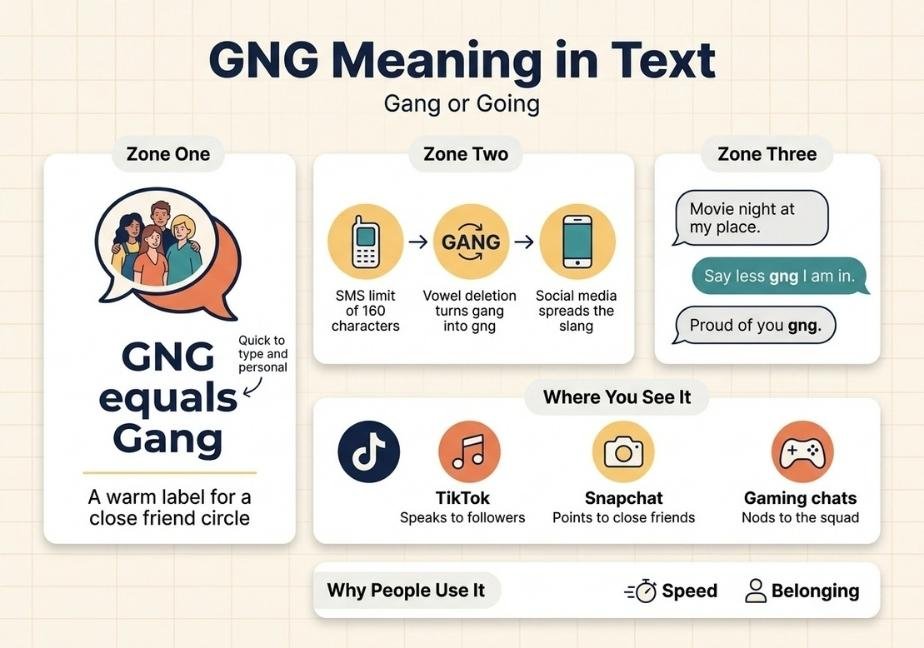 An educational flat-design infographic titled "GNG Meaning in Text: Gang or Going". Section 1 defines GNG as "Gang" (a warm label for a close friend circle). Section 2 displays an origin timeline showing how SMS character limits and vowel deletion formed the acronym. Section 3 provides real chat examples, followed by a bottom panel indicating where it is used (TikTok, Snapchat, Gaming) and key reasons for usage (Speed and Belonging).