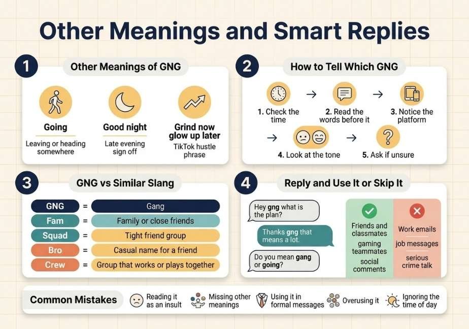 A 4-section educational infographic titled "Other Meanings and Smart Replies" for the slang GNG. Section 1 lists alternate meanings (Going, Good Night, Grind Now Glow Up Later). Section 2 outlines a 5-step flow on how to determine context. Section 3 compares GNG to terms like Fam, Squad, Bro, and Crew. Section 4 offers reply examples and a do's/don'ts list, with a bottom footer detailing common mistakes.