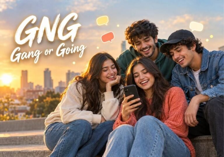 Four friends laughing together while looking at a smartphone at sunset, with “GNG” and “Gang or Going” calligraphy on the left.