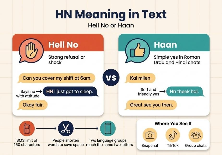 An educational flat-design infographic titled "HN Meaning in Text: Hell No or Haan". It features a split-card comparison showing "Hell No" (strong refusal/attitude) on the left and "Haan" (soft, friendly "yes" in Roman Hindi/Urdu) on the right, complete with chat examples, an origin timeline, and common platform icons.