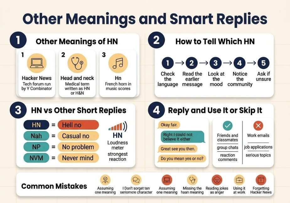 An informational infographic titled "Other Meanings and Smart Replies" divided into four sections. Section 1 lists alternative meanings like Hacker News and Head & Neck; Section 2 outlines a 5-step guide to determine meaning; Section 3 compares HN to other short replies with a loudness meter; and Section 4 provides reply ideas along with do's and don'ts