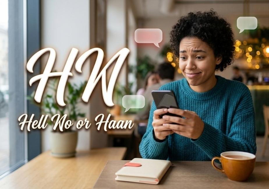 An editorial photograph of a young woman in a cozy cafe holding a smartphone with a puzzled expression. Large glossy calligraphic text on the left reads "HN" with smaller script below reading "Hell No or Haan". Soft floating speech bubbles highlight the dual meaning.