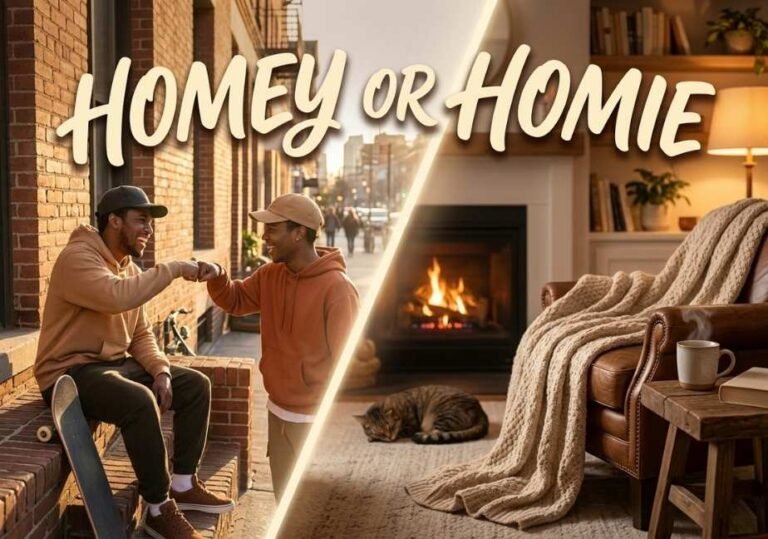 A modern editorial illustration rendered in a split-screen format. The left side shows two friends, young black men, laughing and exchanging a fist-bump while sitting on a brick stoop in an urban setting at golden hour. A skateboard rests nearby. The right side depicts a cozy, warmly lit living room interior, complete with a leather armchair, a knitted throw blanket, a crackling fireplace, a steaming mug, and a cat sleeping on the rug. Large, bold, cream-colored calligraphic text reading "HOMEY OR HOMIE" arches across the top third, bridging both halves. A soft diagonal light beam separates the two scenes. The mood is warm, intimate, and inviting.