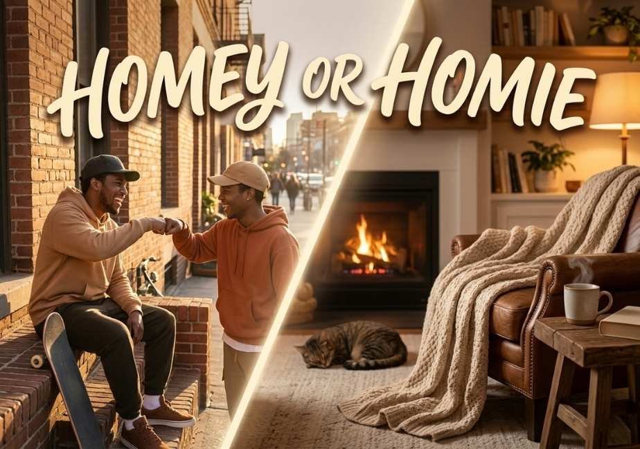 A modern editorial illustration rendered in a split-screen format. The left side shows two friends, young black men, laughing and exchanging a fist-bump while sitting on a brick stoop in an urban setting at golden hour. A skateboard rests nearby. The right side depicts a cozy, warmly lit living room interior, complete with a leather armchair, a knitted throw blanket, a crackling fireplace, a steaming mug, and a cat sleeping on the rug. Large, bold, cream-colored calligraphic text reading "HOMEY OR HOMIE" arches across the top third, bridging both halves. A soft diagonal light beam separates the two scenes. The mood is warm, intimate, and inviting.
