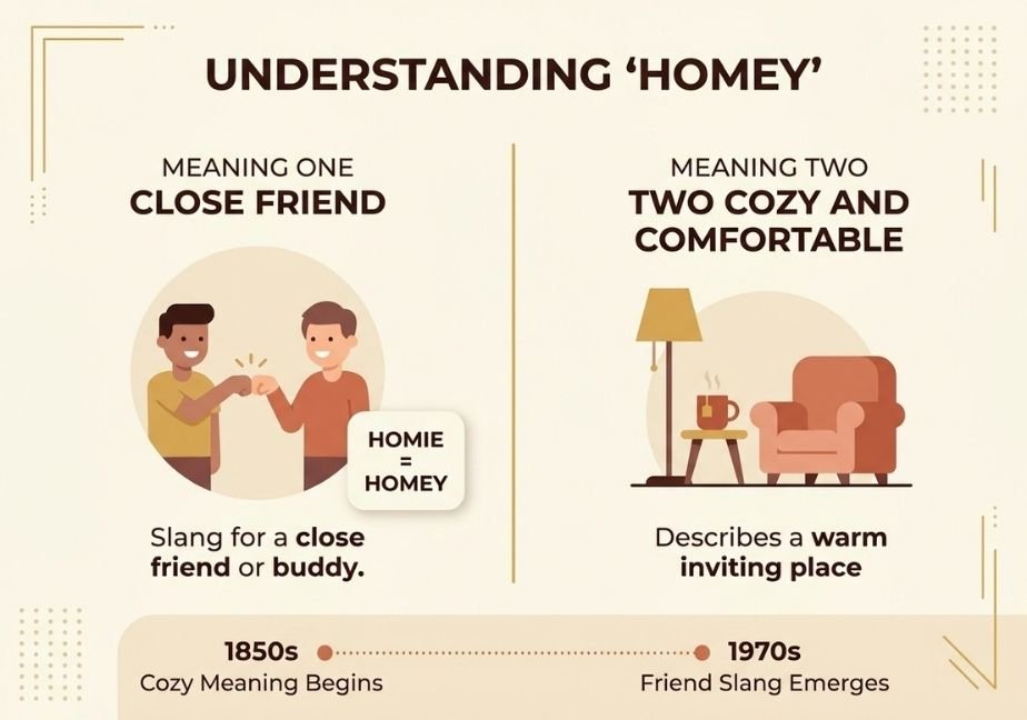Flat design infographic explaining "Homey." Left side: Meaning one, close friend, showing two figures fist-bumping. Right side: Meaning two, cozy place, showing an armchair and lamp. A timeline at the bottom shows usage starting in the 1850s (cozy) and 1970s