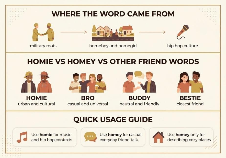 A three-tier flat infographic. Top: Timeline of "Homie/Homey" origins from military roots to hip hop. Middle: Comparison of friend terms "Homie," "Bro," "Buddy," and "Bestie" with usage contexts. Bottom: Usage guide for context-specific spelling.