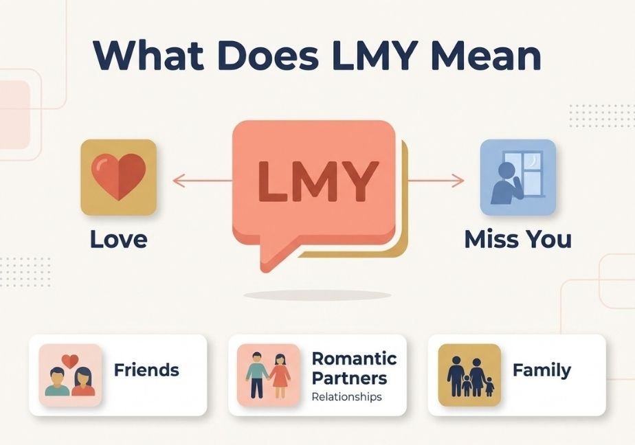 A modern flat design infographic titled "What Does LMY Mean," featuring a central coral speech bubble with the letters "LMY" branching out to "Love" and "Miss You" icons, with three relationship context cards at the bottom labeled Friends, Romantic Partners, and Family.