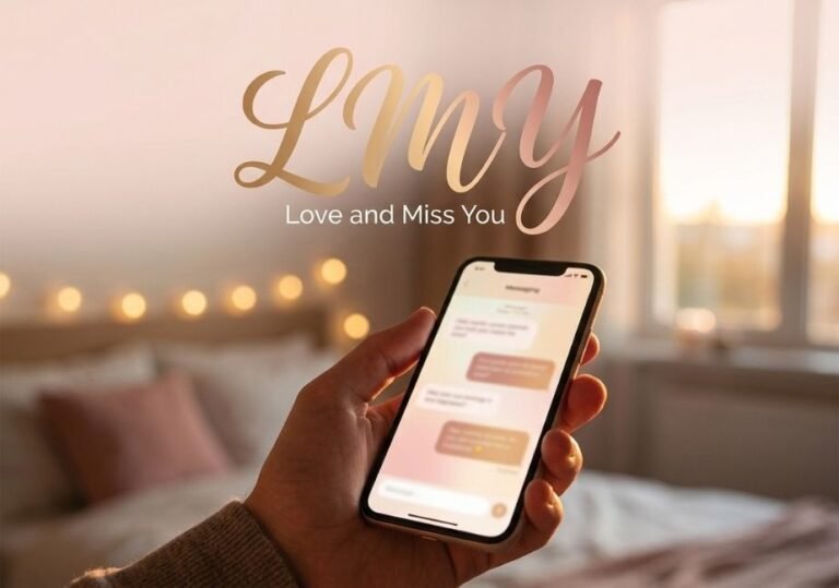 A close-up lifestyle photograph of a person holding a glowing smartphone displaying a blurred text conversation, set against a cozy golden hour bedroom background with soft bokeh lights. The image features elegant calligraphic text overlaid at the top reading "LMY" with "Love and Miss You" written underneath.