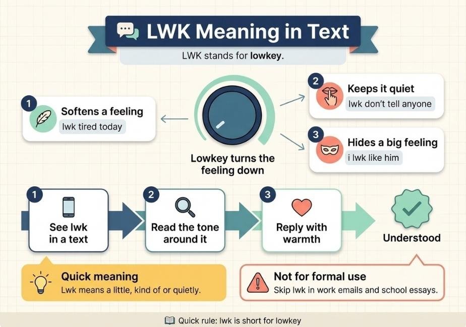 A flat-design educational infographic titled "LWK Meaning in Text: LWK stands for lowkey". The upper section features a central volume knob illustration surrounded by cards explaining how LWK softens feelings, keeps things quiet, or hides big emotions. The lower section shows a 3-step flowchart detailing how to read and reply to LWK in a text, accompanied by a quick meaning callout and a warning to avoid using it in formal writing.