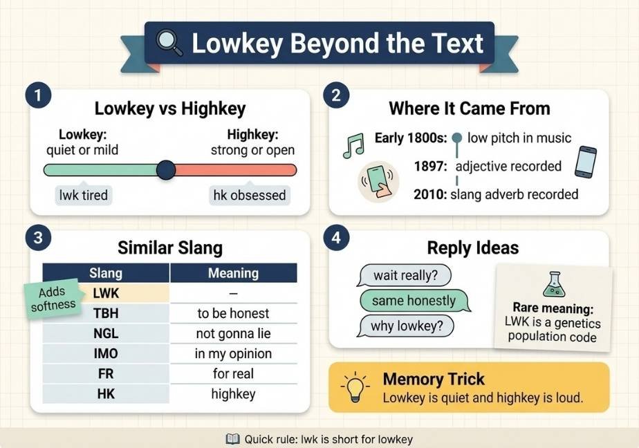 A 4-panel educational flat-design infographic titled "Lowkey Beyond the Text". Panel 1 uses a slider graphic to contrast "Lowkey" with "Highkey". Panel 2 displays an etymology timeline tracing the term from 1800s music pitch to modern 2010 slang. Panel 3 compares LWK to other text abbreviations in a table format with a "Adds softness" highlight. Panel 4 provides sample chat replies alongside a note on its rare genetic usage. A bottom yellow banner offers the memory trick: "Lowkey is quiet and highkey is loud."