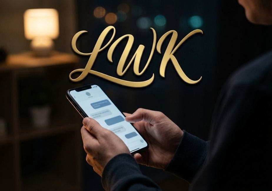 A low-key over-the-shoulder photograph showing a person's hands holding a smartphone in a dimly lit room at night. The phone screen softly illuminates the fingers while displaying a blurred chat interface. In the deep shadow background, a warm lamp glows on a shelf with subtle bokeh lights. Prominently centered across the upper middle is the acronym "LWK" in a bold, glossy metallic gold brush script with a delicate drop shadow.