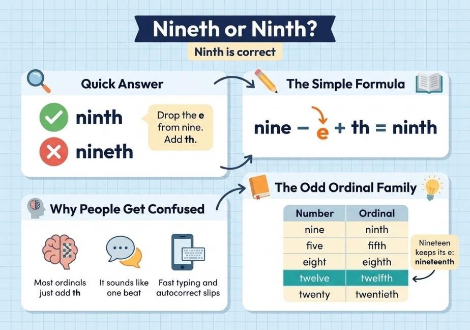 Flat educational infographic titled "Nineth or Ninth?" with subtitle "Ninth is correct" on a blue-grid light background. Features four sections connected by curved arrows