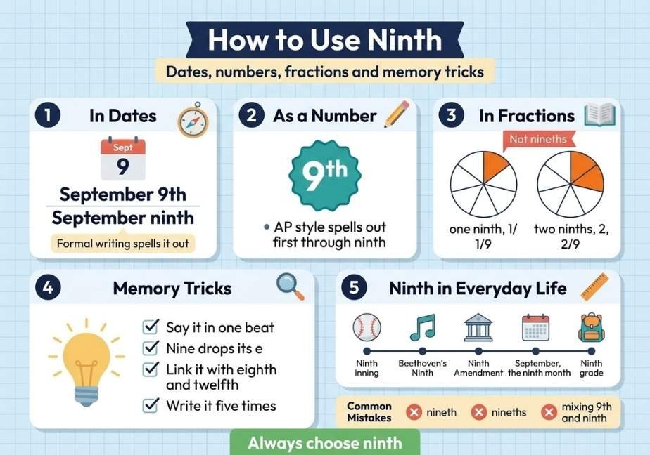 Matching flat infographic titled "How to Use Ninth" with subtitle "Dates, numbers, fractions and memory tricks". Features five numbered sections