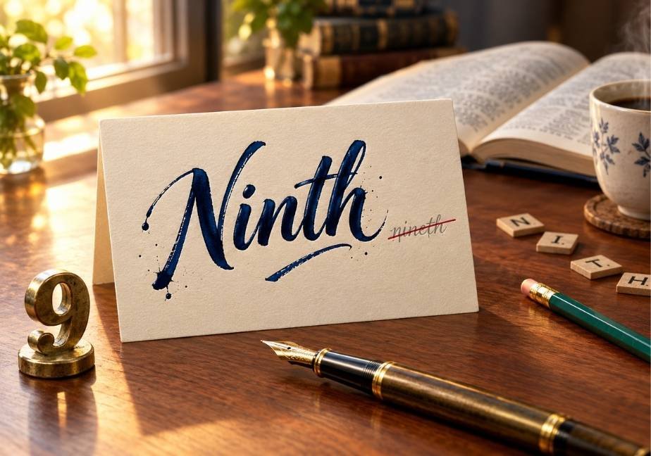 **Image 3 Alt Text:** A cream-colored place card sits on a wooden desk displaying the word "Ninth" in elegant, deep blue calligraphy ink, with the misspelled word "nineth" lightly written beside it and crossed out in red. Surrounding the card are study accessories including a fountain pen, a pencil, letter tiles spelling "NINTH," a brass number "9" figurine, an open book, and a steaming coffee mug on a coaster near a sunlit window.