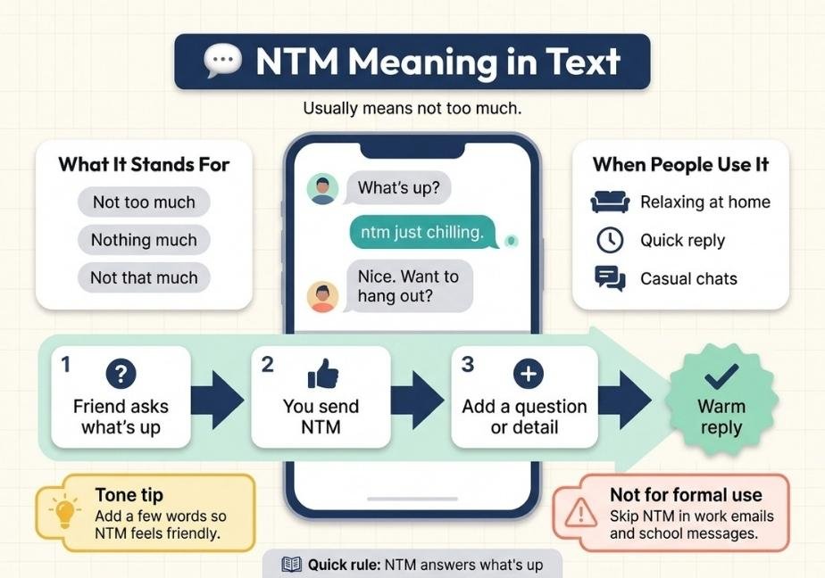An educational flat-design infographic titled "NTM Meaning in Text: Usually means not too much". The center features a smartphone showing a chat conversation where "ntm just chilling" is used as a response to "What's up?" Side cards explain what the acronym stands for (Not too much, Nothing much, Not that much) and when to use it. A 3-step flowchart details how to send a friendly reply, accompanied by tone tips and usage warnings.   