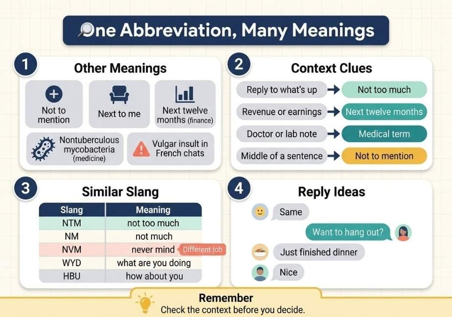 A 4-panel educational flat-design infographic titled "One Abbreviation, Many Meanings". Panel 1 outlines alternative definitions such as "Not to mention," "Next to me," finance term "Next twelve months," medical term "Nontuberculous mycobacteria," and a French chat insult. Panel 2 uses a flowchart to map context clues. Panel 3 compares NTM with similar slang terms like NM, NVM, WYD, and HBU. Panel 4 provides sample quick-reply ideas.   