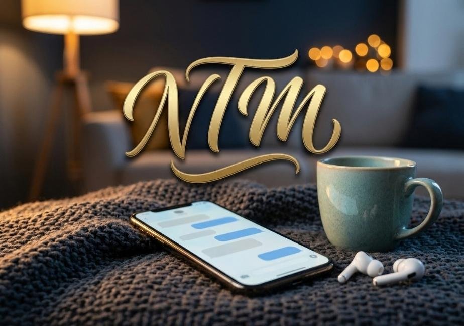 A warm editorial lifestyle photograph featuring a smartphone lying on a dark charcoal knit blanket alongside a teal ceramic mug and white wireless earbuds. The glowing phone screen displays a soft-focus chat layout. In the blurred background, a cozy living room is lit with warm bokeh lights. Prominently displayed across the upper-center is the bold, elegant acronym "NTM" in glossy metallic gold brush script.