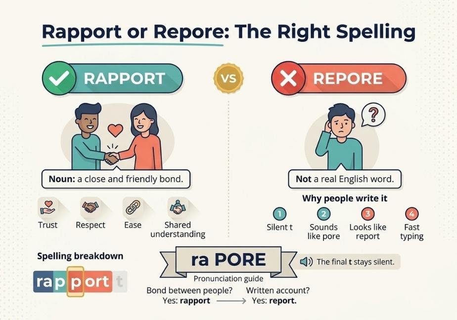 A 2-column educational flat-design infographic comparing "RAPPORT" and "REPORE" on a light dotted background. The left column highlights "RAPPORT" as a noun meaning a close and friendly bond, featuring an illustration of two people shaking hands alongside key traits like trust and respect, plus a visual spelling breakdown showing the silent "t". The right column marks "REPORE" with a red X as an incorrect spelling and lists four reasons why people make the mistake. A bottom banner provides the pronunciation guide "ra PORE" with the note "The final t stays silent"