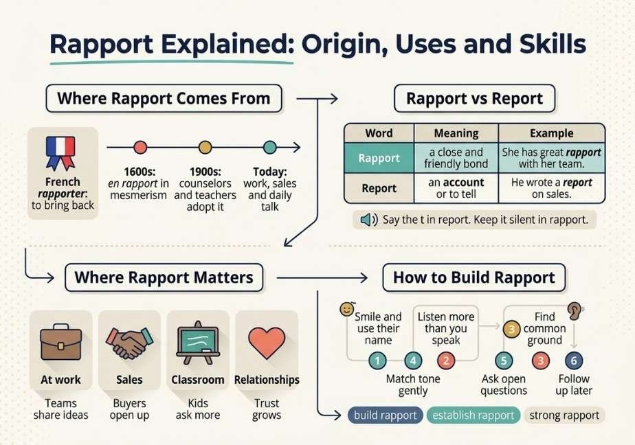 A 4-panel educational flat-design infographic titled "Rapport Explained: Origin, Uses and Skills". Panel 1 traces the origin from the French "rapporter" along an etymology timeline from the 1600s to today. Panel 2 contrasts "Rapport" with "Report" in a comparative table with a note on silent vs. pronounced "t" sounds. Panel 3 outlines key areas where rapport matters, such as work, sales, classrooms, and relationships. Panel 4 provides a 6-step practical guide on how to build rapport, ending with common phrase tags like "build rapport" and "establish rapport".
