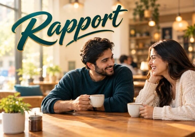 A photograph in a brightly lit coffee shop showing an attractive South Asian couple seated at a wooden table[cite: 3]. They are looking at each other with warm smiles and holding white ceramic cups[cite: 3]. Background bokeh includes potted plants and hanging lights[cite: 3]. A large, gold embossed calligraphic title "Rapport" is centered across the upper middle[cite: 3]. Directly below the title, smaller metallic gold text reads: "Builds lasting, high-trust client relationships[cite: 3]."