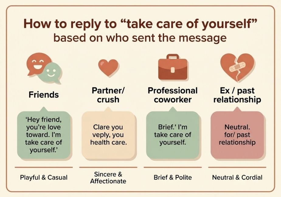 Four-column infographic explaining how to reply to "take care of yourself" for friends, partners, coworkers, and exes.