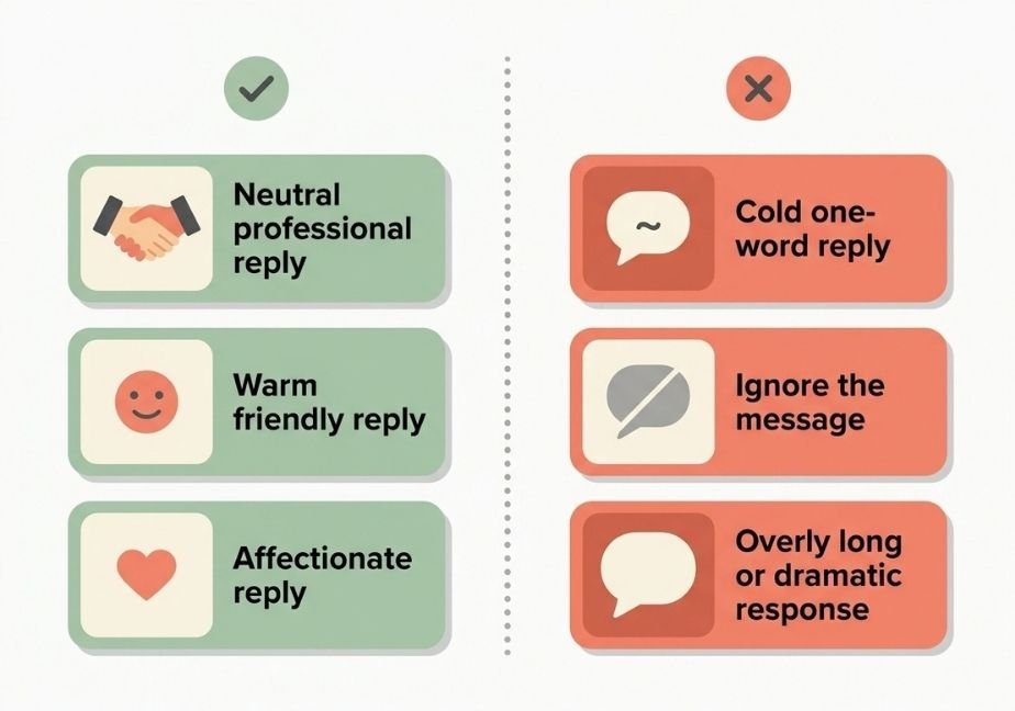 Two-column comparison infographic showing effective replies versus common mistakes when responding to a caring message.
