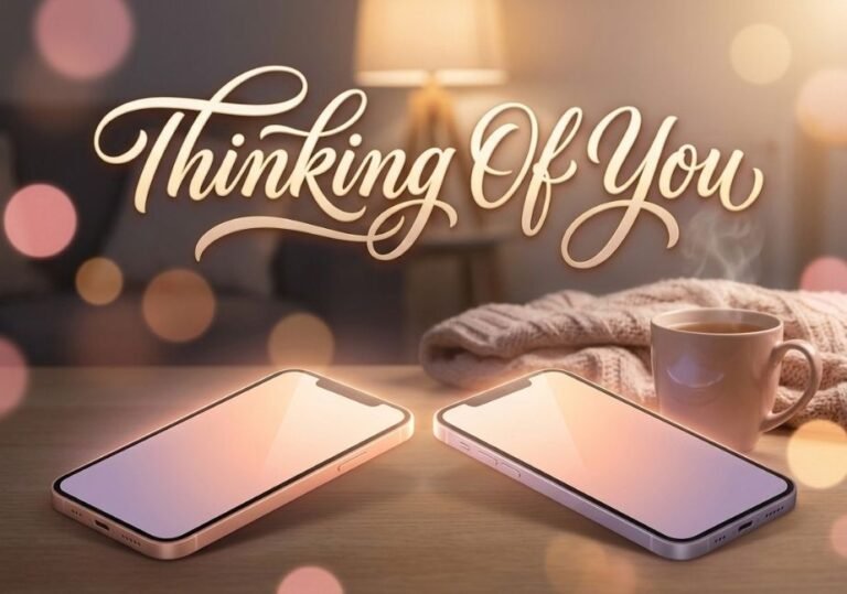 Digital illustration of two smartphones glowing with sunset colors, topped with gold calligraphic script reading "Thinking Of You" in a cozy room.