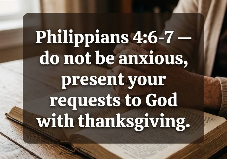 Bible verse Philippians 4:6-7 for good medical test results with praying hands