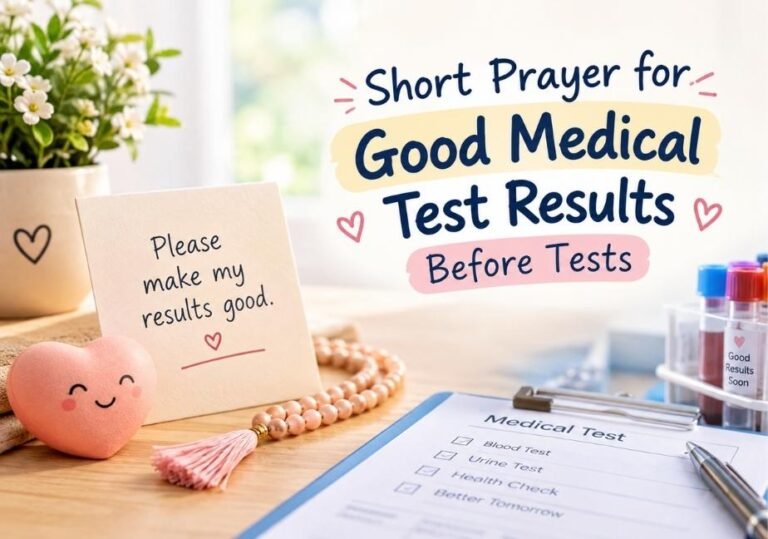 Short prayer for good medical test results before tests, with prayer beads and medical test supplies.