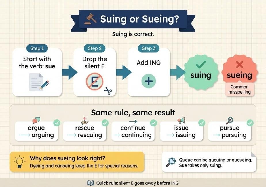 An educational flat-design infographic titled "Suing or Sueing? Suing is correct". It features a 3-step flowchart explaining the silent E drop rule ("sue" + drop "e" + add "ing" = "suing"). It displays a green check mark for "suing" and a red cross for the misspelling "sueing". The bottom section lists similar examples (arguing, rescuing, continuing, issuing, pursuing) and includes helpful spelling notes.