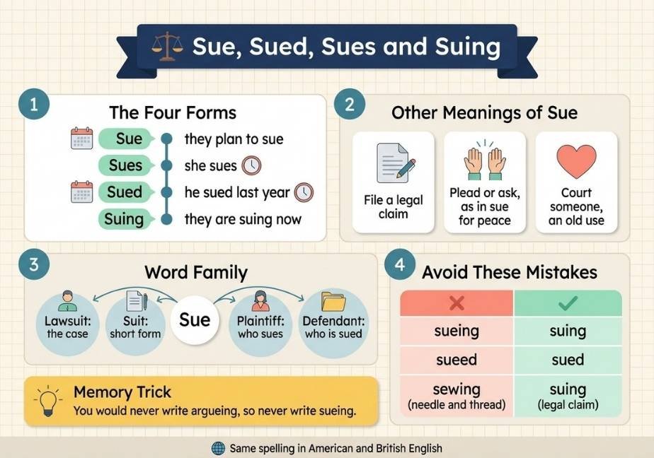 A 4-section educational infographic titled "Sue, Sued, Sues and Suing". Section 1 breaks down the four verb forms; Section 2 highlights other meanings like filing a legal claim or pleading for peace; Section 3 maps out the word family (lawsuit, suit, plaintiff, defendant); and Section 4 features a do's and don'ts table to avoid common spelling errors. A bottom banner provides a memory trick and notes global spelling consistency.