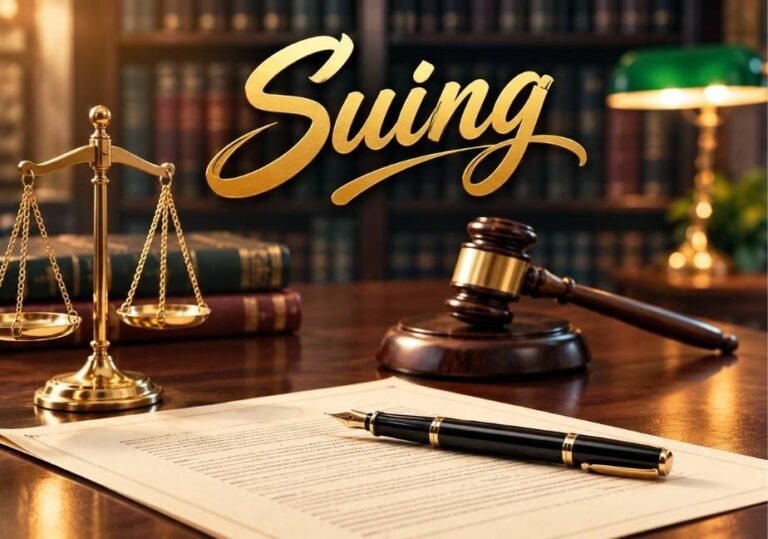 Suing calligraphy above a legal desk with a fountain pen, scales of justice, gavel, law books, and green banker’s lamp.