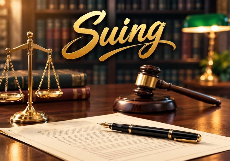 Suing calligraphy above a legal desk with a fountain pen, scales of justice, gavel, law books, and green banker’s lamp.