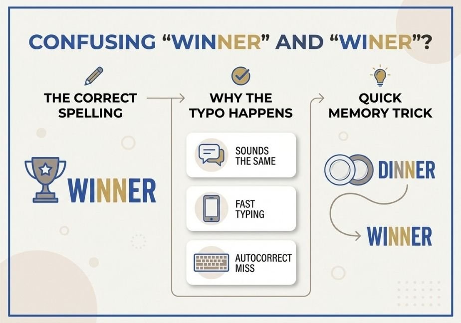 A clean, flat-design infographic divided into three vertical sections on a light background. The left section, titled "THE CORRECT SPELLING," shows a trophy icon alongside the word "WINNER" with gold-highlighted double Ns. The middle section, "WHY THE TYPO HAPPENS," lists "SOUNDS THE SAME," "FAST TYPING," and "AUTOCORRECT MISS" with corresponding icons. The right section, "QUICK MEMORY TRICK," connects plates labeled "DINNER" to "WINNER" with a curved arrow to highlight the shared double-letter pattern.
