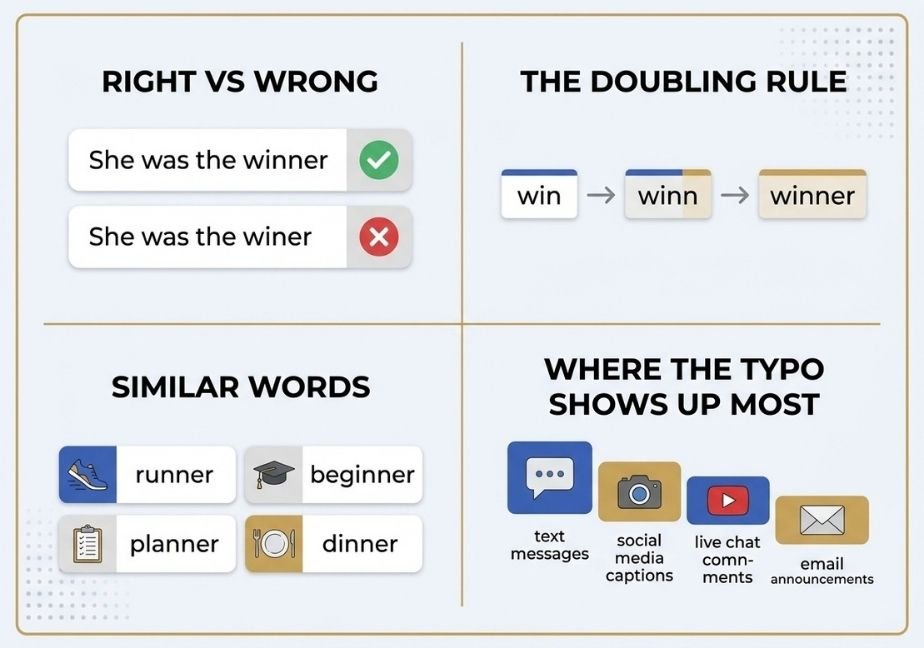 A polished flat-design infographic structured into a four-quadrant grid framed in gold. Top-left displays "RIGHT VS WRONG" usage sentences with green check and red X icons. Top-right illustrates "THE DOUBLING RULE" showing a three-step progression from "win" to "winn" to "winner". Bottom-left highlights "SIMILAR WORDS" (runner, beginner, planner, dinner) with matching icons. Bottom-right shows "WHERE THE TYPO SHOWS UP MOST" featuring icons for text messages, social media captions, live chat comments, and email announcements.